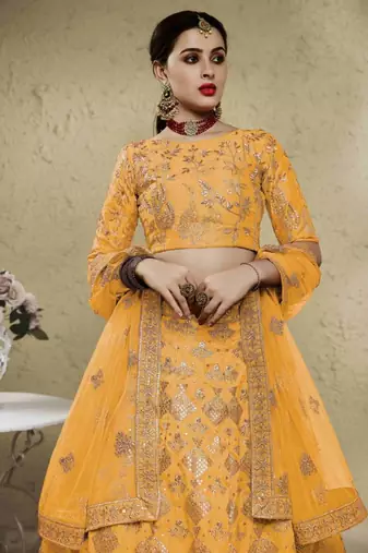 Styling Yellow Sequins And Thread Embroidered Silk Indian Bride Lehenga Dress Latest