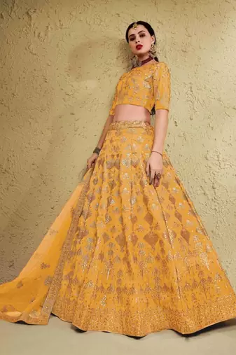 Styling Yellow Sequins And Thread Embroidered Silk Indian Bride Lehenga Dress Latest