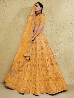 Styling Yellow Sequins And Thread Embroidered Silk Indian Bride Lehenga Dress Latest 4