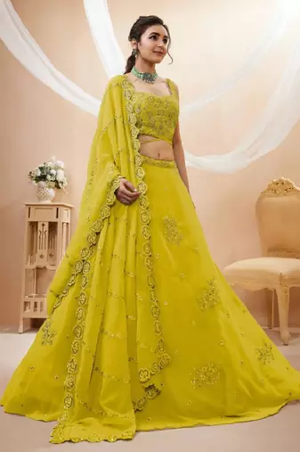 Adorable Neon-Yellow Sequins Georgette Indian Wedding Wear Lehenga Choli