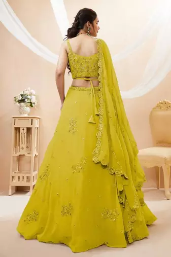 Adorable Neon-Yellow Sequins Georgette Indian Wedding Wear Lehenga Choli