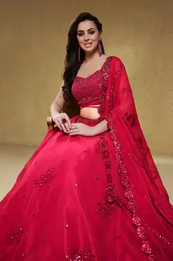  Hot-Pink Sequins Georgette Indian Engagement Wear Lehenga Choli