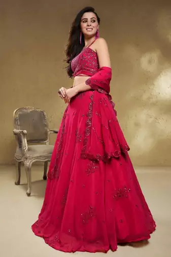 Hot-Pink Sequins Georgette Indian Engagement Wear Lehenga Choli