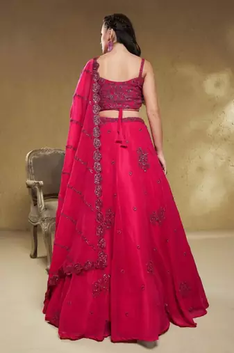  Hot-Pink Sequins Georgette Indian Engagement Wear Lehenga Choli