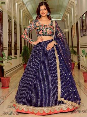 Wonderful Blue Sequins Embroidered Net Wedding Wear Bollywood Lehenga Choli 1