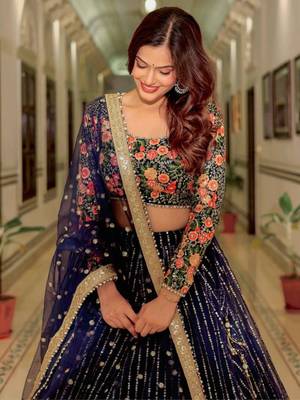 Wonderful Blue Sequins Embroidered Net Wedding Wear Bollywood Lehenga Choli 2