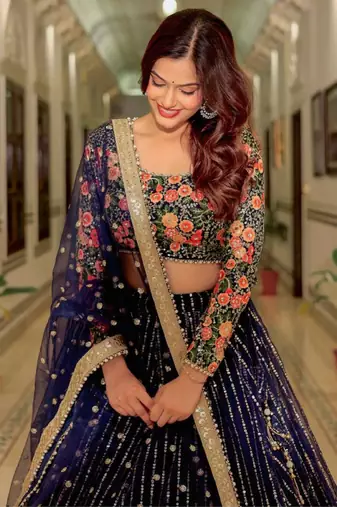 Wonderful Blue Sequins Embroidered Net Wedding Wear Bollywood Lehenga Choli