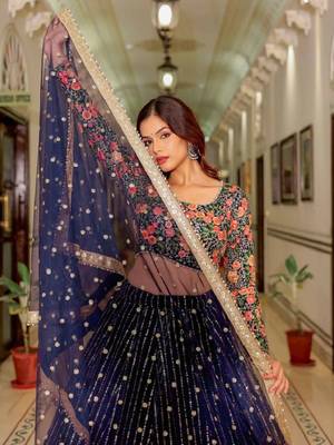 Wonderful Blue Sequins Embroidered Net Wedding Wear Bollywood Lehenga Choli 3