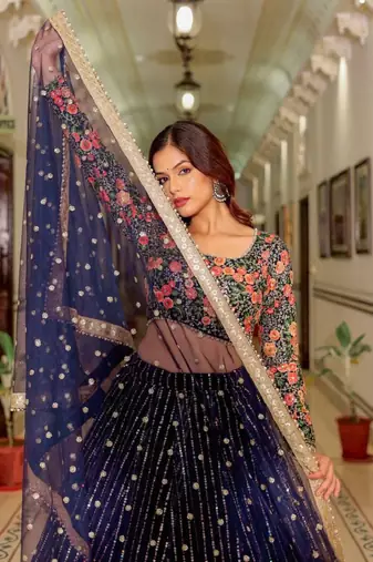 Wonderful Blue Sequins Embroidered Net Wedding Wear Bollywood Lehenga Choli