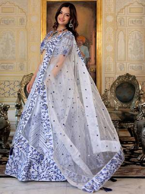 Fascinating White Blue Thread Work Satin Designer Bollywood Lehenga Choli 3