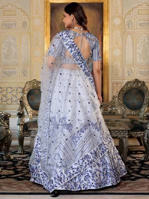 Fascinating White Blue Thread Work Satin Designer Bollywood Lehenga Choli 4