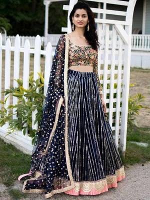  Blue Sequins Embroidered Net Indian Wedding Reception Wear Lehenga Choli 1