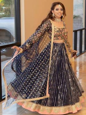  Blue Sequins Embroidered Net Indian Wedding Reception Wear Lehenga Choli 2