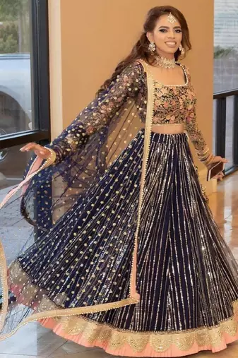  Blue Sequins Embroidered Net Indian Wedding Reception Wear Lehenga Choli