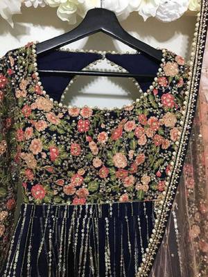  Blue Sequins Embroidered Net Indian Wedding Reception Wear Lehenga Choli 3