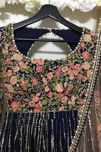  Blue Sequins Embroidered Net Indian Wedding Reception Wear Lehenga Choli
