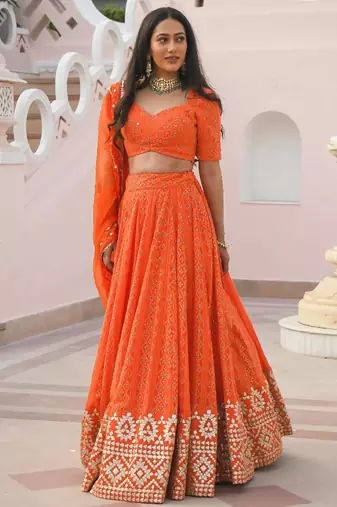  Orange Colored Sequins Embroidered Georgette Indian Event Wear Lehenga Choli