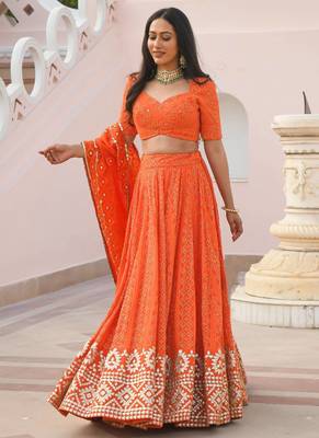  Orange Colored Sequins Embroidered Georgette Indian Event Wear Lehenga Choli 3
