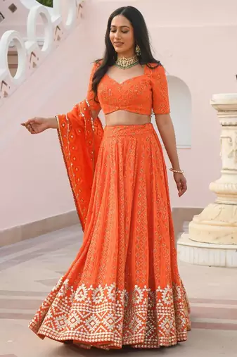  Orange Colored Sequins Embroidered Georgette Indian Event Wear Lehenga Choli