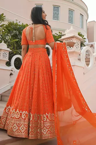  Orange Colored Sequins Embroidered Georgette Indian Event Wear Lehenga Choli