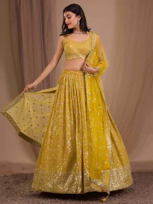  Yellow Sequins Georgette Indian Wedding Lehenga Dress 1