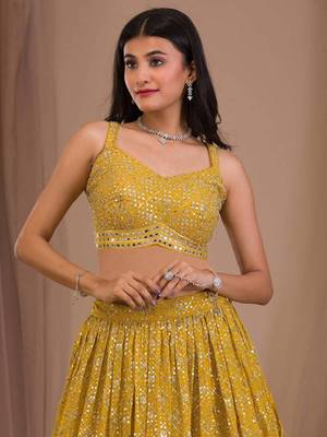  Yellow Sequins Georgette Indian Wedding Lehenga Dress 2