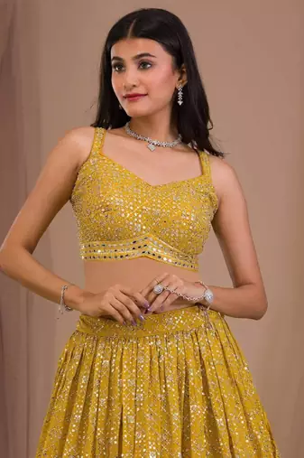  Yellow Sequins Georgette Indian Wedding Lehenga Dress