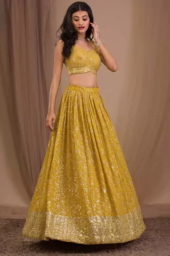 Yellow Sequins Georgette Indian Wedding Lehenga Dress
