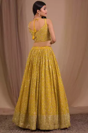 Yellow Sequins Georgette Indian Wedding Lehenga Dress