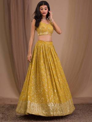  Yellow Sequins Georgette Indian Wedding Lehenga Dress 5