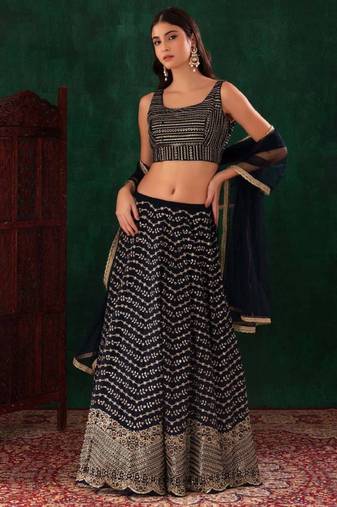Dazzling Blue Zari And Sequins Embroidered Georgette Wedding Wear Lehenga Choli