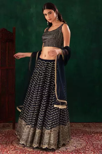 Dazzling Blue Zari And Sequins Embroidered Georgette Wedding Wear Lehenga Choli