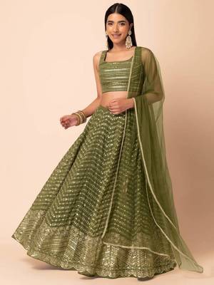  Green Zari And Sequins Embroidered Georgette Wedding Lehenga Choli With Dupatta 1