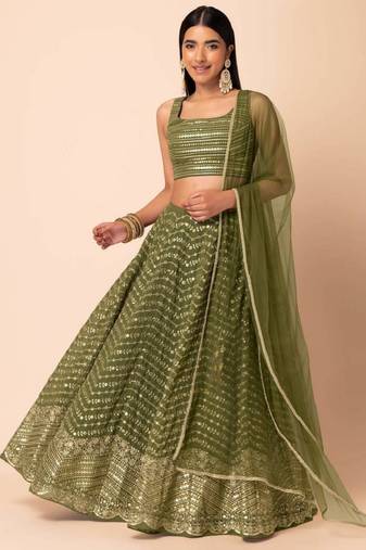  Green Zari And Sequins Embroidered Georgette Wedding Lehenga Choli With Dupatta