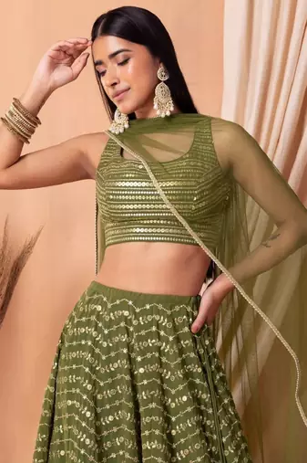  Green Zari And Sequins Embroidered Georgette Wedding Lehenga Choli With Dupatta