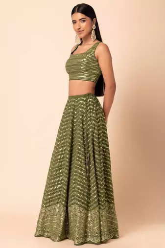  Green Zari And Sequins Embroidered Georgette Wedding Lehenga Choli With Dupatta