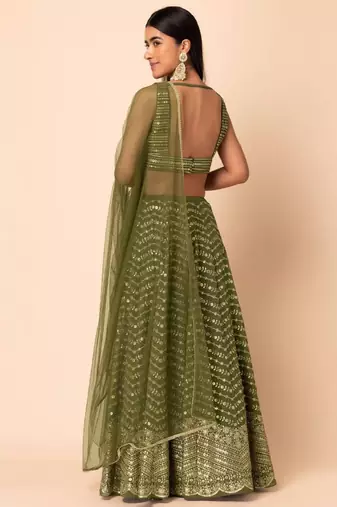  Green Zari And Sequins Embroidered Georgette Wedding Lehenga Choli With Dupatta