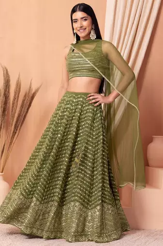 Green Zari And Sequins Embroidered Georgette Wedding Lehenga Choli With Dupatta