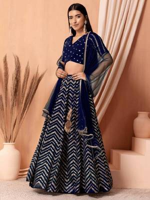 Fascinating Blue Sequins Zari Embroidered Georgette Party Lehenga Dress 1