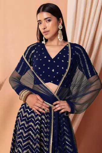 Fascinating Blue Sequins Zari Embroidered Georgette Party Lehenga Dress