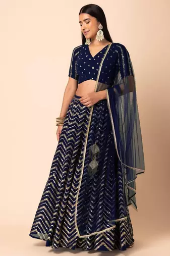 Fascinating Blue Sequins Zari Embroidered Georgette Party Lehenga Dress