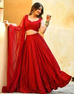 Red Georgette Sequin Embroidered Wedding Lehenga Choli  2