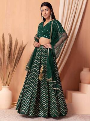 Green Sequins Zari Embroidered Georgette Wedding Lehenga Dress 1