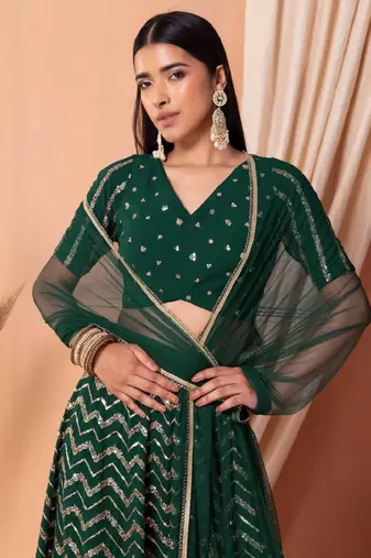 Green Sequins Zari Embroidered Georgette Wedding Lehenga Dress