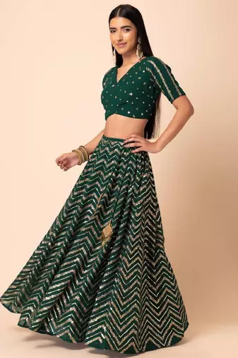 Green Sequins Zari Embroidered Georgette Wedding Lehenga Dress