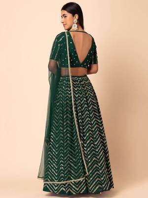 Green Sequins Zari Embroidered Georgette Wedding Lehenga Dress 4