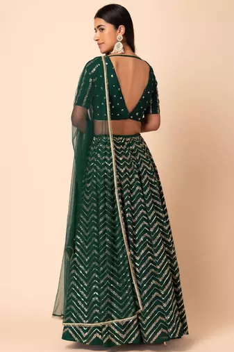 Green Sequins Zari Embroidered Georgette Wedding Lehenga Dress
