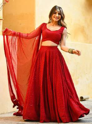 Red Georgette Sequin Embroidered Wedding Lehenga Choli  3