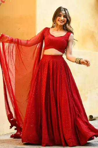 Red Georgette Sequin Embroidered Wedding Lehenga Choli 