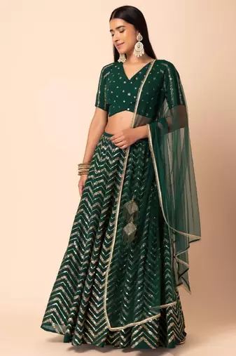Green Sequins Zari Embroidered Georgette Wedding Lehenga Dress